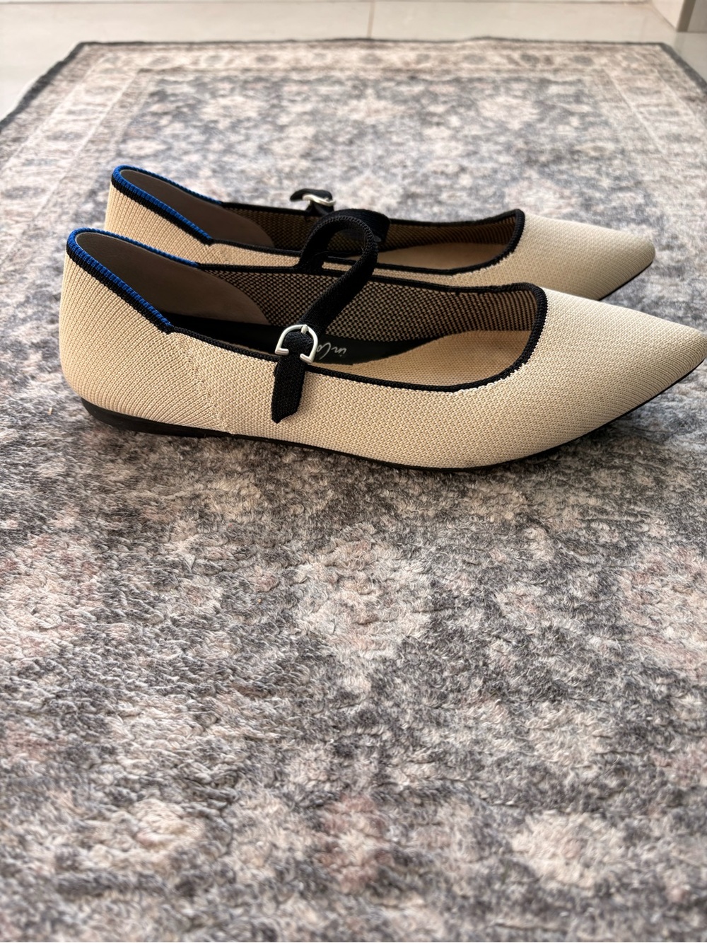 Rothy's Pointed Mary Jane Flats in Cream with Black Trim - Picture 2 of 3